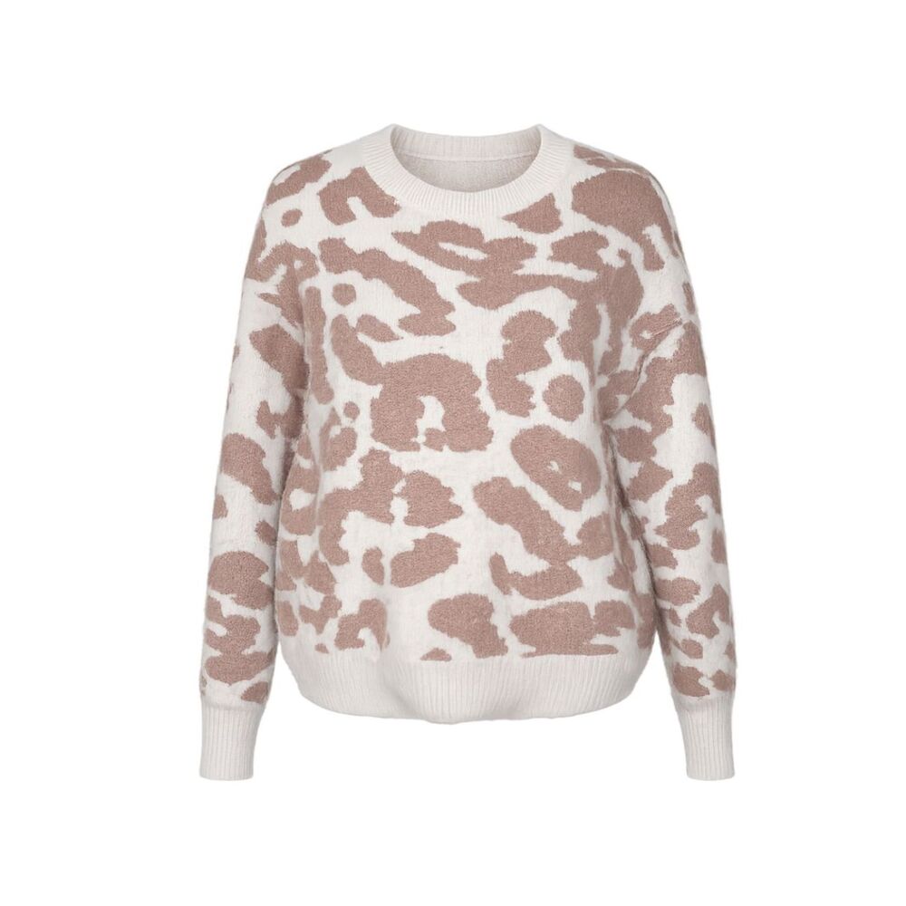 A.N.A COZY FUZZY TAUPE WHITE CASUAL  ANIMAL PRINT OVERSIZE CREWNECK SWEATER SZ.S